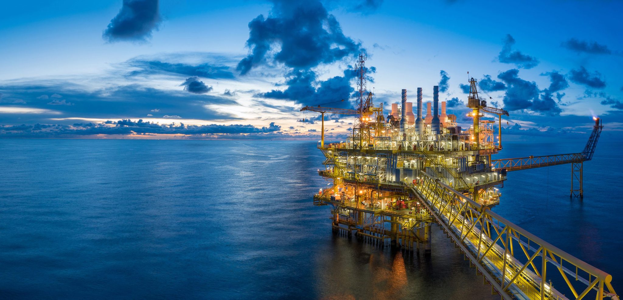 Panorama of Oil and Gas central processing platform in twilight